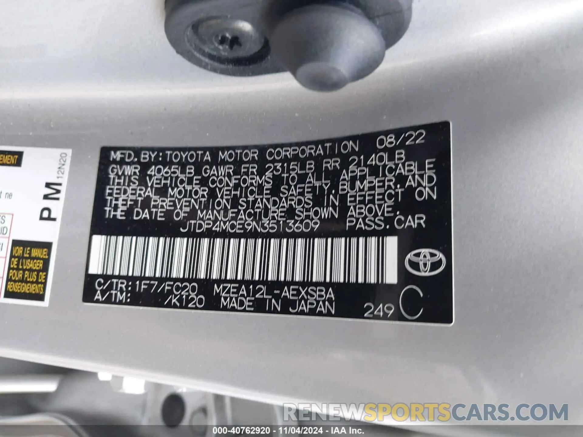 9 Photograph of a damaged car JTDP4MCE9N3513609 TOYOTA COROLLA 2022