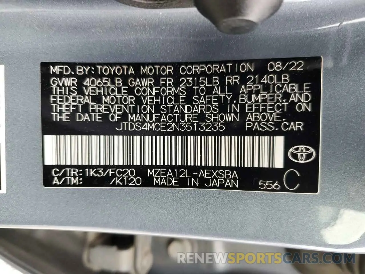 12 Photograph of a damaged car JTDS4MCE2N3513235 TOYOTA COROLLA 2022
