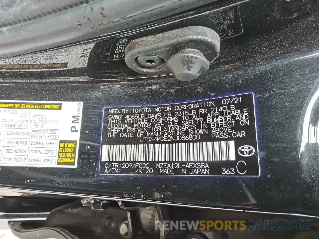 12 Photograph of a damaged car JTDS4MCE2NJ086800 TOYOTA COROLLA 2022