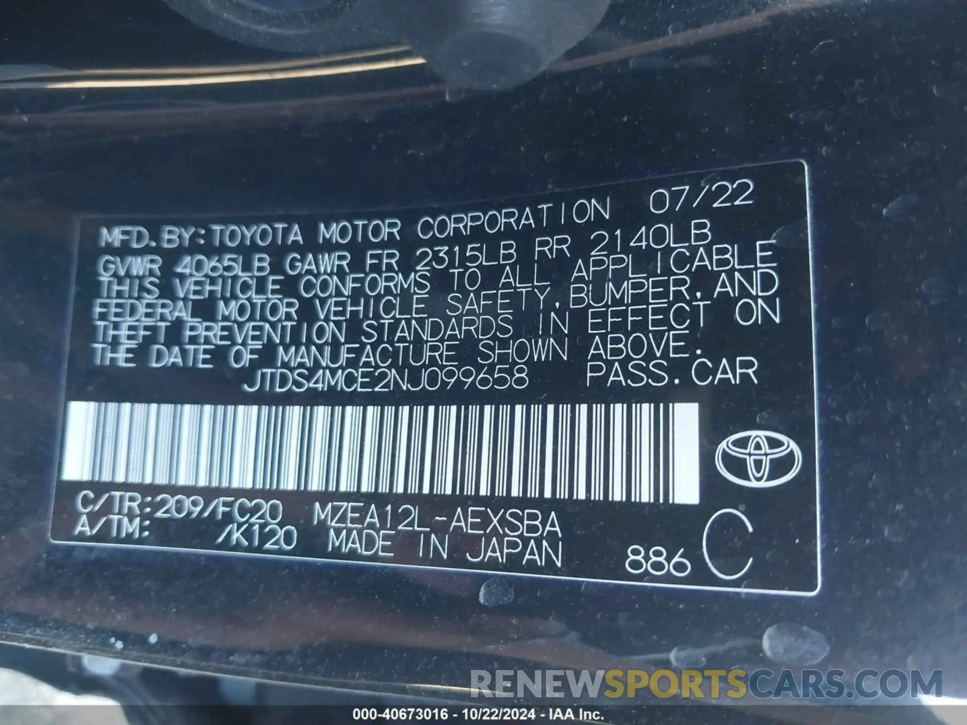 9 Фотография поврежденного автомобиля JTDS4MCE2NJ099658 TOYOTA COROLLA 2022