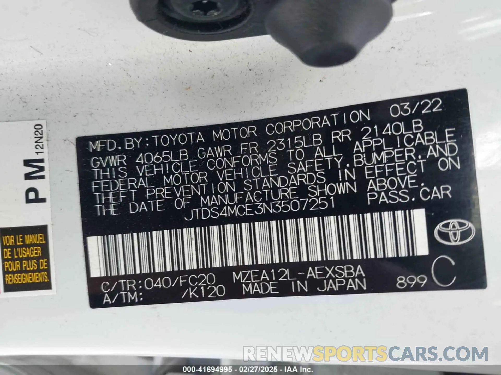 9 Фотография поврежденного автомобиля JTDS4MCE3N3507251 TOYOTA COROLLA 2022