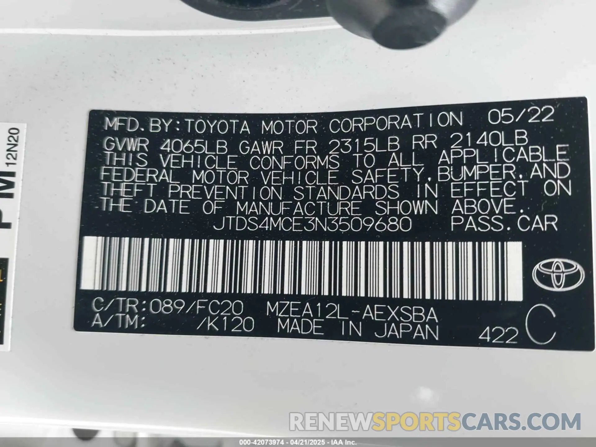 9 Photograph of a damaged car JTDS4MCE3N3509680 TOYOTA COROLLA 2022