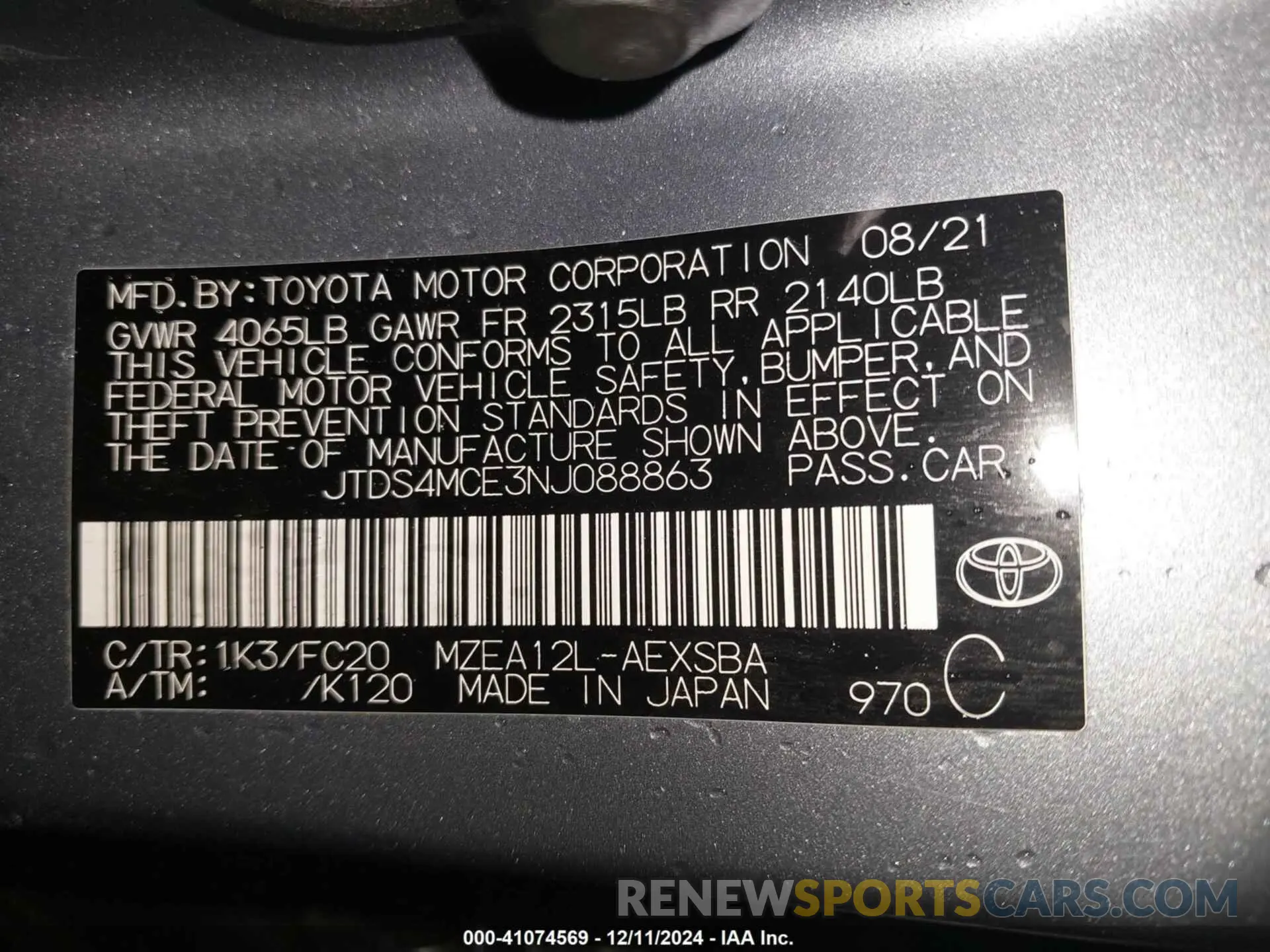 9 Photograph of a damaged car JTDS4MCE3NJ088863 TOYOTA COROLLA 2022