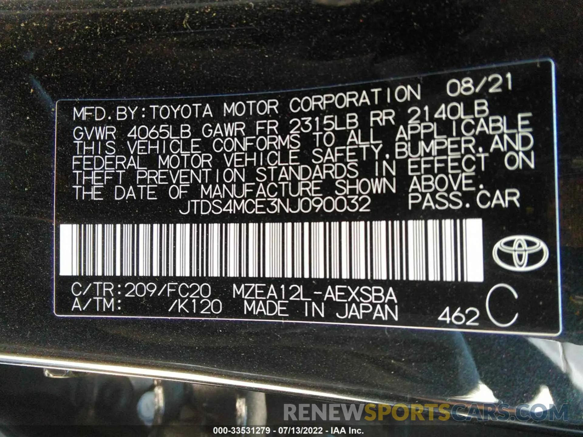 9 Фотография поврежденного автомобиля JTDS4MCE3NJ090032 TOYOTA COROLLA 2022