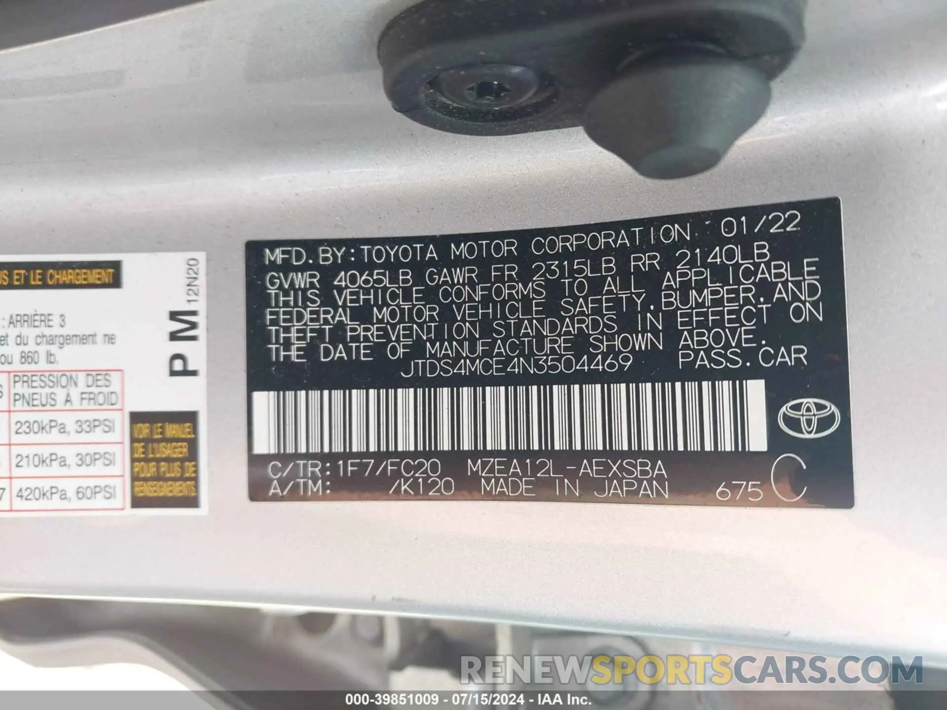 9 Photograph of a damaged car JTDS4MCE4N3504469 TOYOTA COROLLA 2022