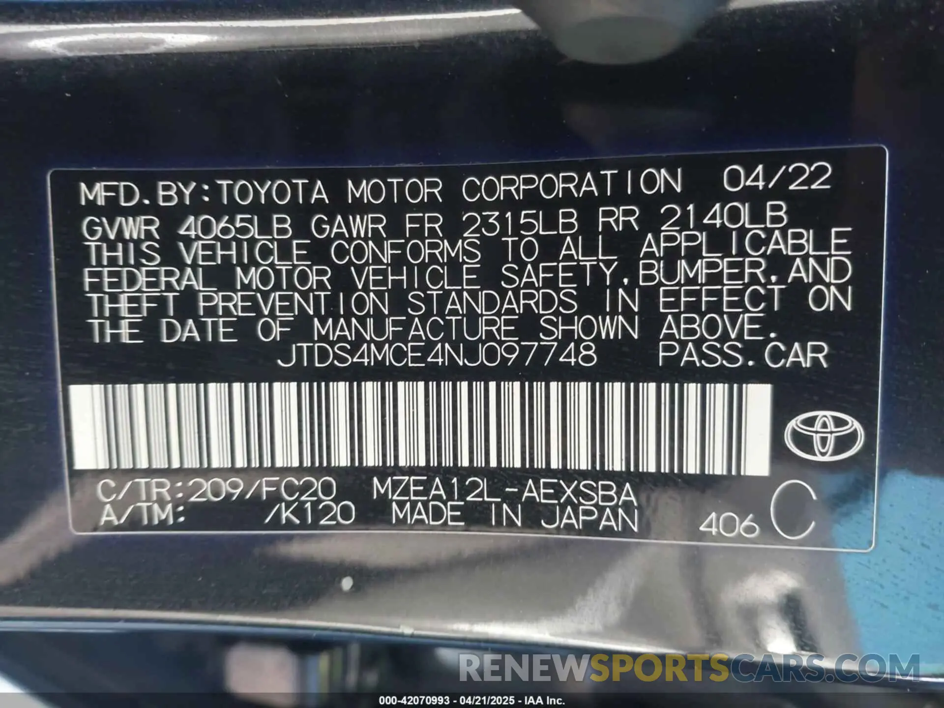 9 Photograph of a damaged car JTDS4MCE4NJ097748 TOYOTA COROLLA 2022