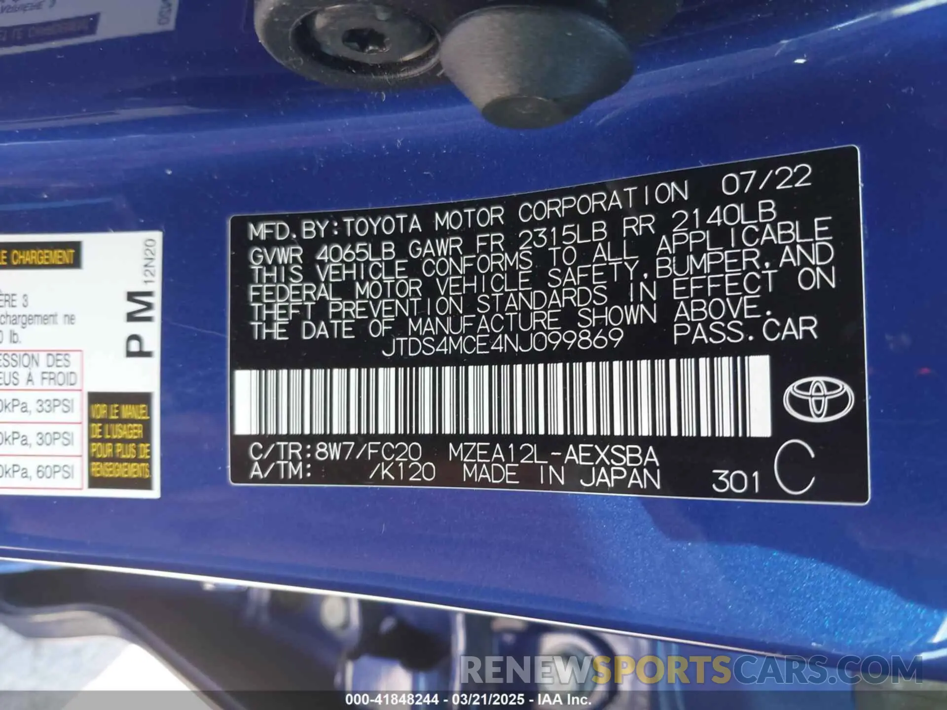 9 Фотография поврежденного автомобиля JTDS4MCE4NJ099869 TOYOTA COROLLA 2022