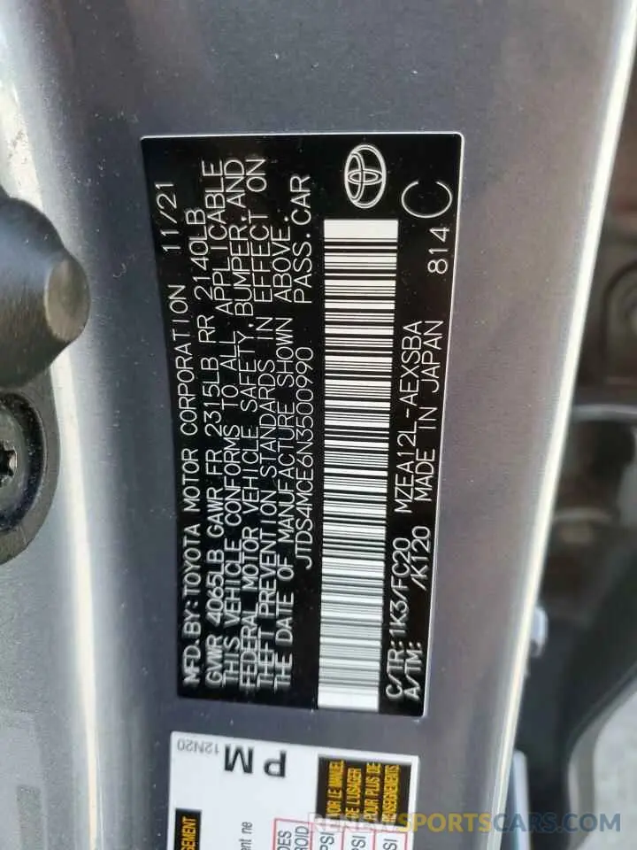 12 Photograph of a damaged car JTDS4MCE6N3500990 TOYOTA COROLLA 2022