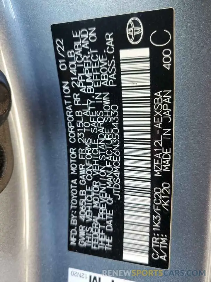 12 Фотография поврежденного автомобиля JTDS4MCE6N3504330 TOYOTA COROLLA 2022