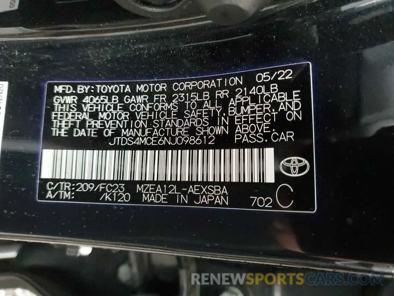 12 Photograph of a damaged car JTDS4MCE6NJ098612 TOYOTA COROLLA 2022