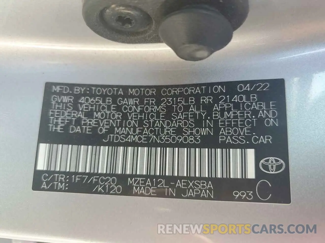 13 Photograph of a damaged car JTDS4MCE7N3509083 TOYOTA COROLLA 2022
