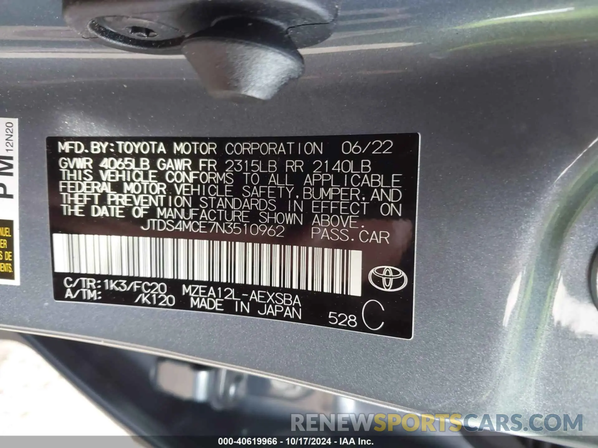 9 Фотография поврежденного автомобиля JTDS4MCE7N3510962 TOYOTA COROLLA 2022