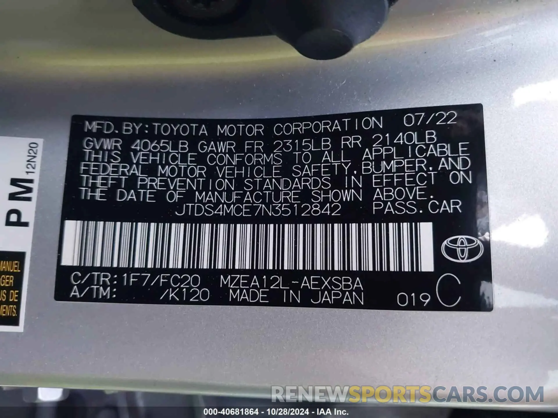 9 Photograph of a damaged car JTDS4MCE7N3512842 TOYOTA COROLLA 2022