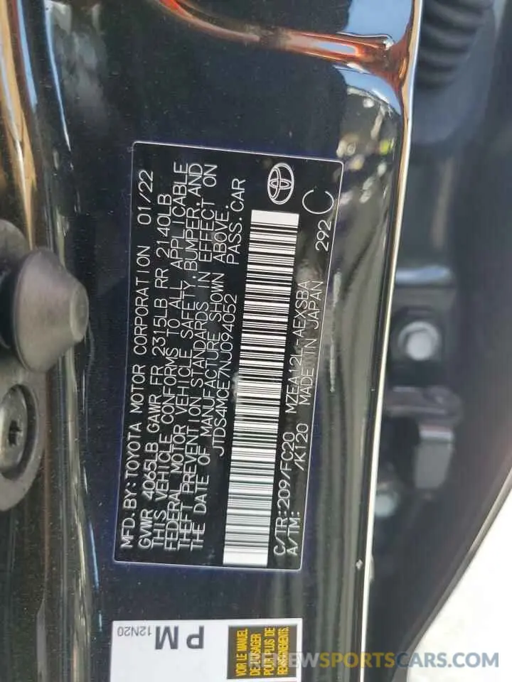 13 Photograph of a damaged car JTDS4MCE7NJ094052 TOYOTA COROLLA 2022