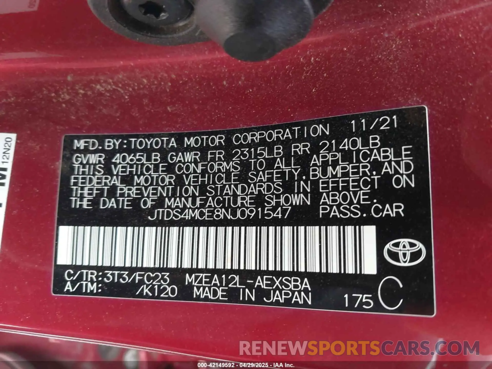 9 Photograph of a damaged car JTDS4MCE8NJ091547 TOYOTA COROLLA 2022