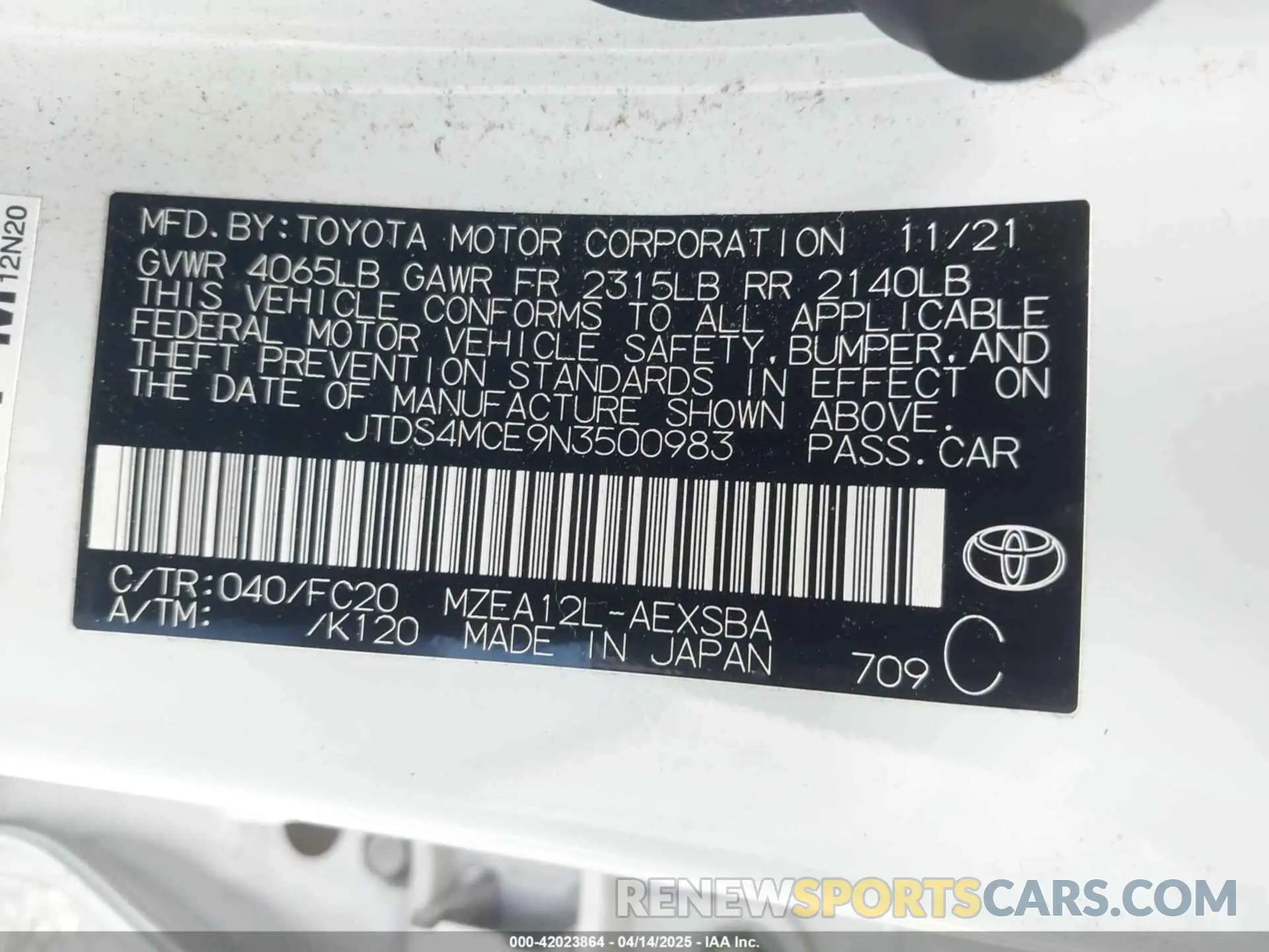 9 Photograph of a damaged car JTDS4MCE9N3500983 TOYOTA COROLLA 2022
