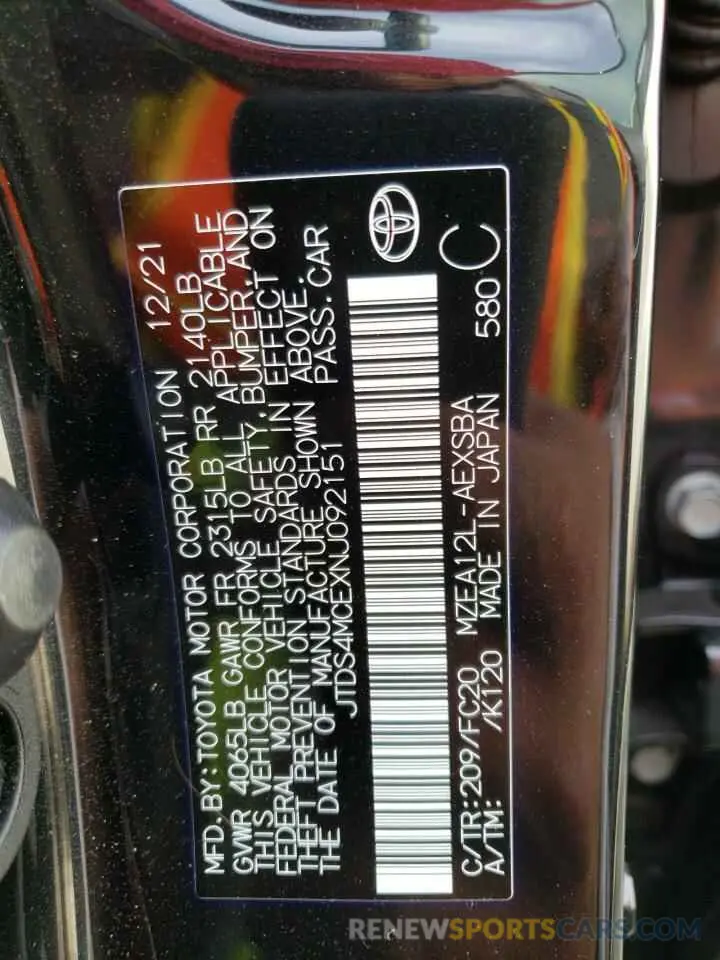 10 Photograph of a damaged car JTDS4MCEXNJ092151 TOYOTA COROLLA 2022