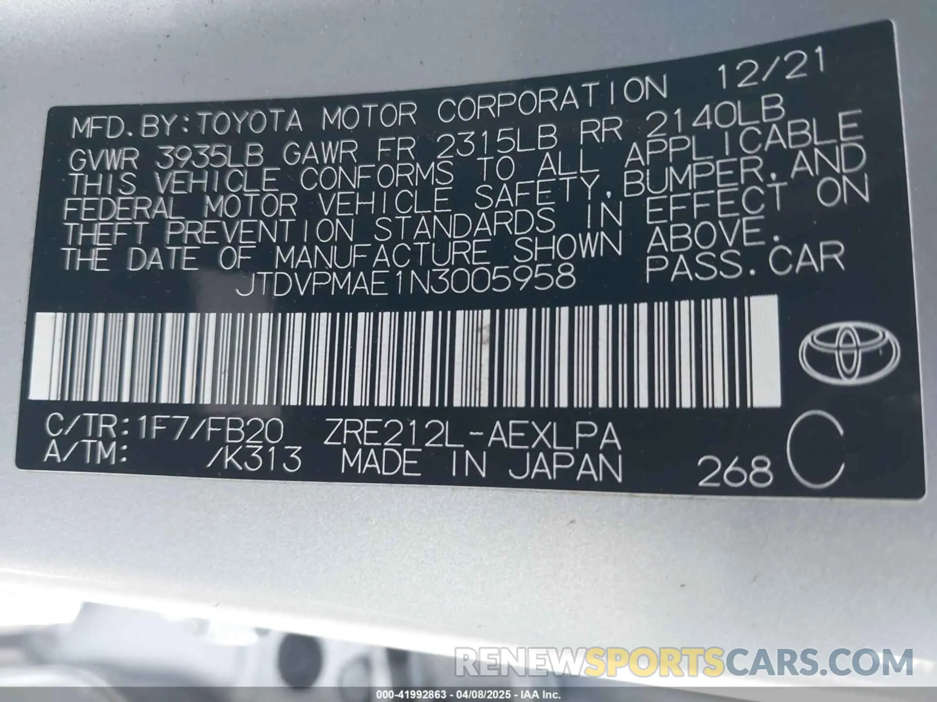 9 Фотография поврежденного автомобиля JTDVPMAE1N3005958 TOYOTA COROLLA 2022