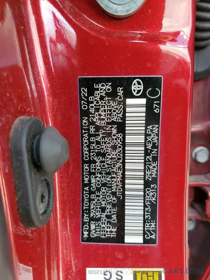13 Фотография поврежденного автомобиля JTDVPMAE3NJ230958 TOYOTA COROLLA 2022