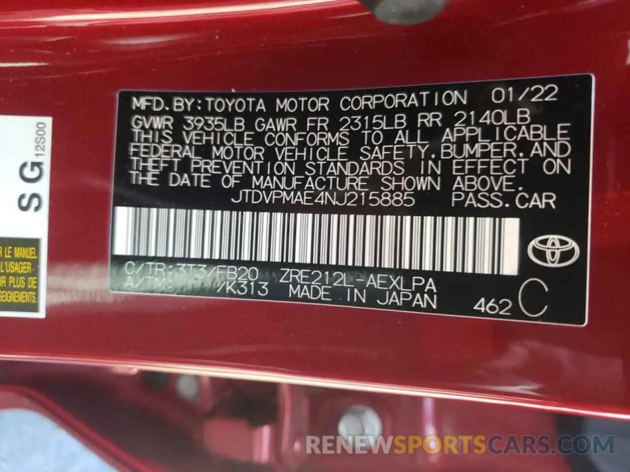 10 Photograph of a damaged car JTDVPMAE4NJ215885 TOYOTA COROLLA 2022