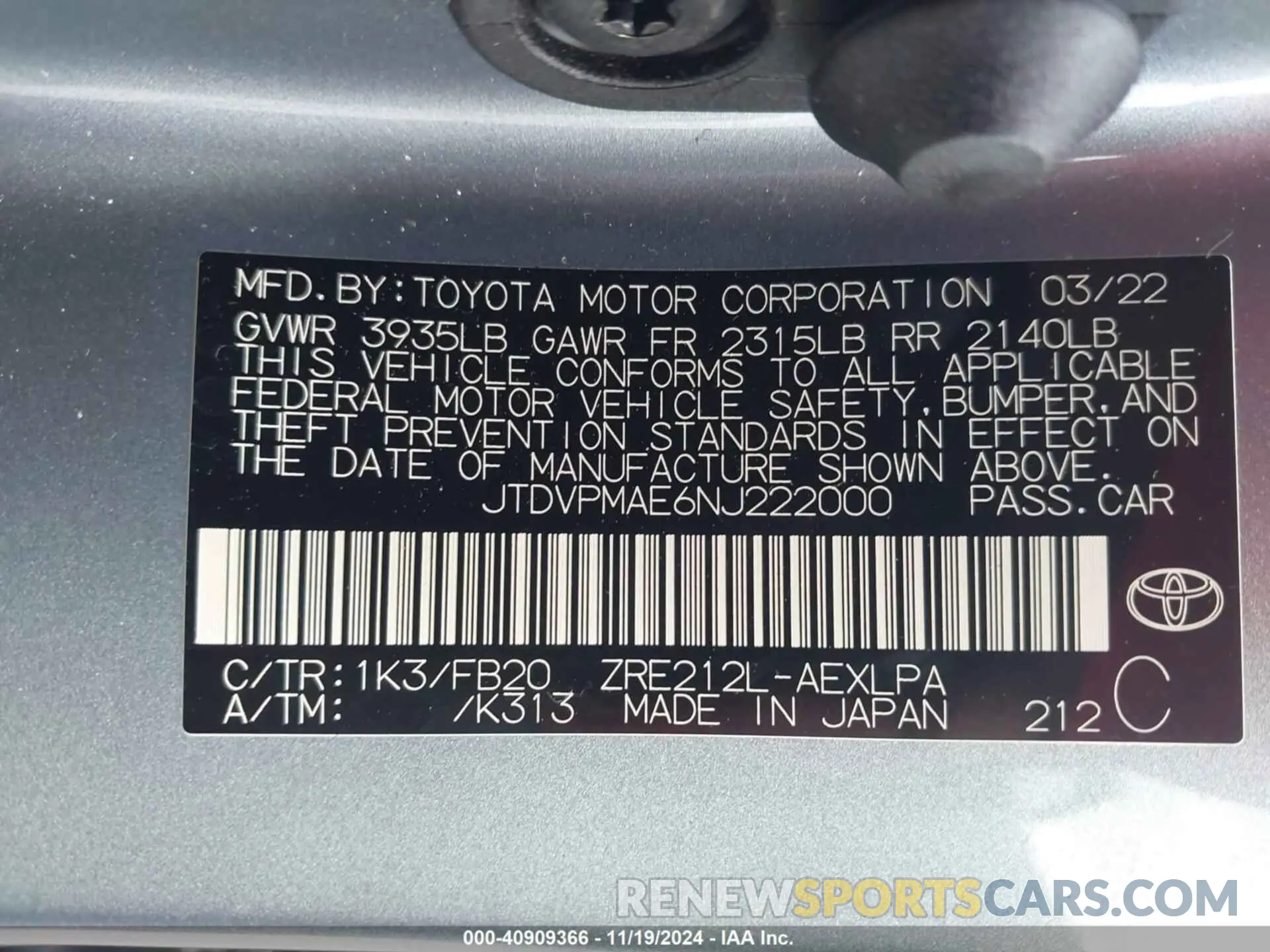 9 Фотография поврежденного автомобиля JTDVPMAE6NJ222000 TOYOTA COROLLA 2022