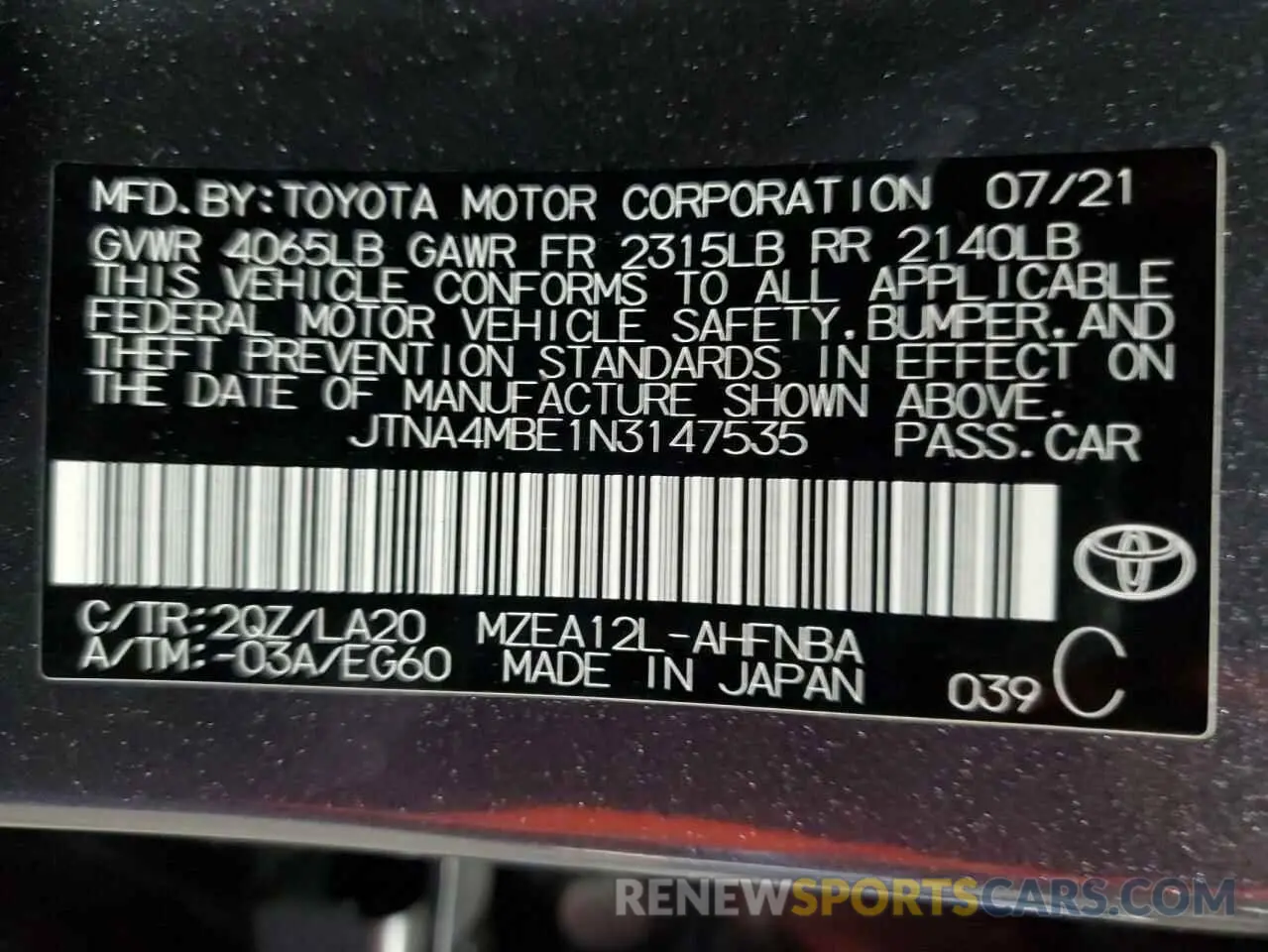 12 Photograph of a damaged car JTNA4MBE1N3147535 TOYOTA COROLLA 2022