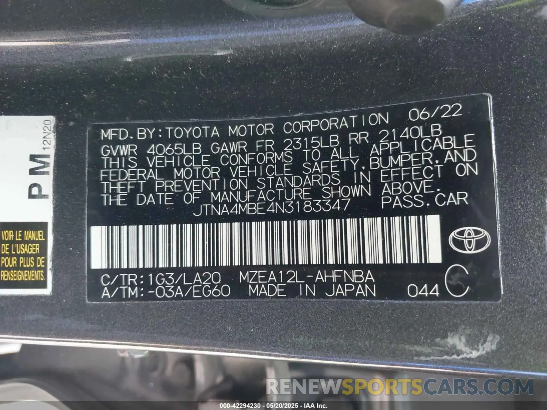 9 Фотография поврежденного автомобиля JTNA4MBE4N3183347 TOYOTA COROLLA 2022