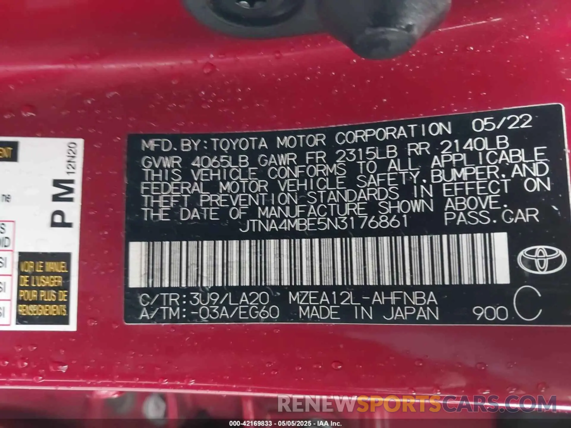 9 Photograph of a damaged car JTNA4MBE5N3176861 TOYOTA COROLLA 2022