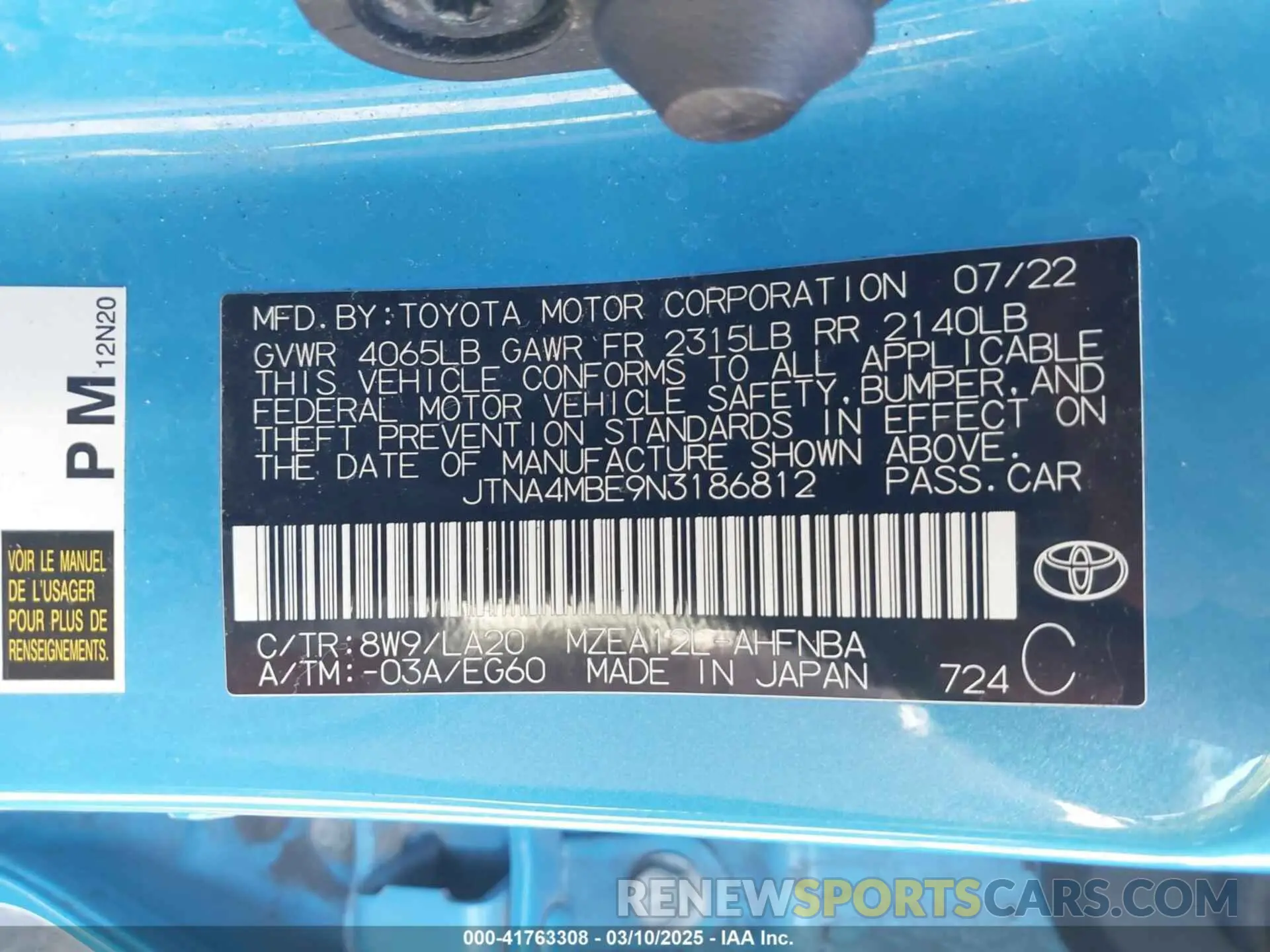 9 Фотография поврежденного автомобиля JTNA4MBE9N3186812 TOYOTA COROLLA 2022