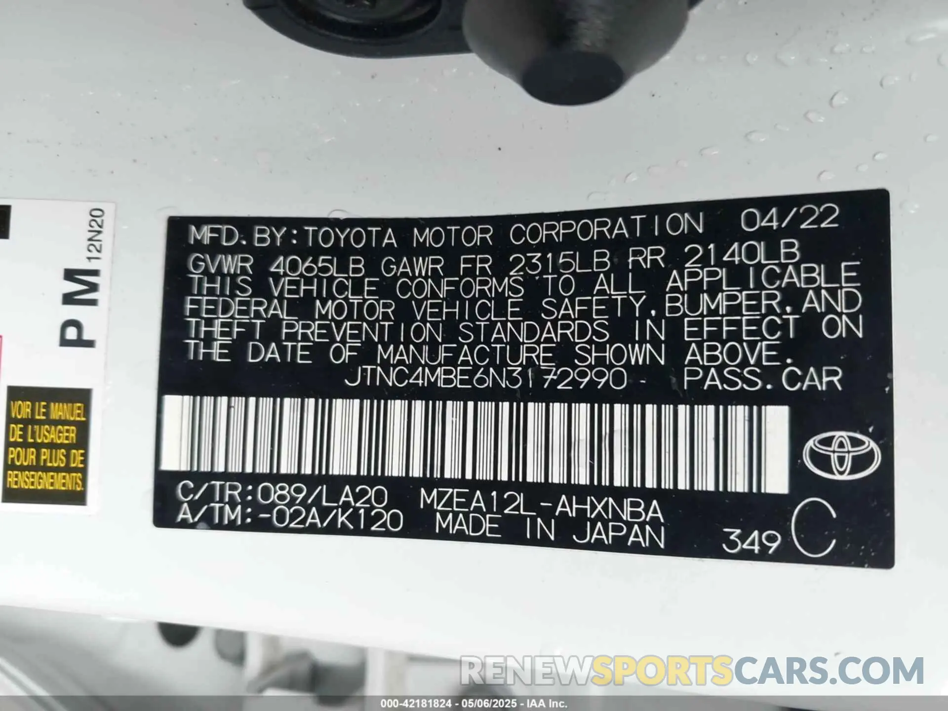 9 Фотография поврежденного автомобиля JTNC4MBE6N3172990 TOYOTA COROLLA 2022