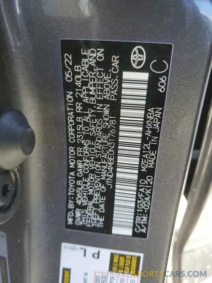 12 Фотография поврежденного автомобиля JTND4MBE0N3176781 TOYOTA COROLLA 2022