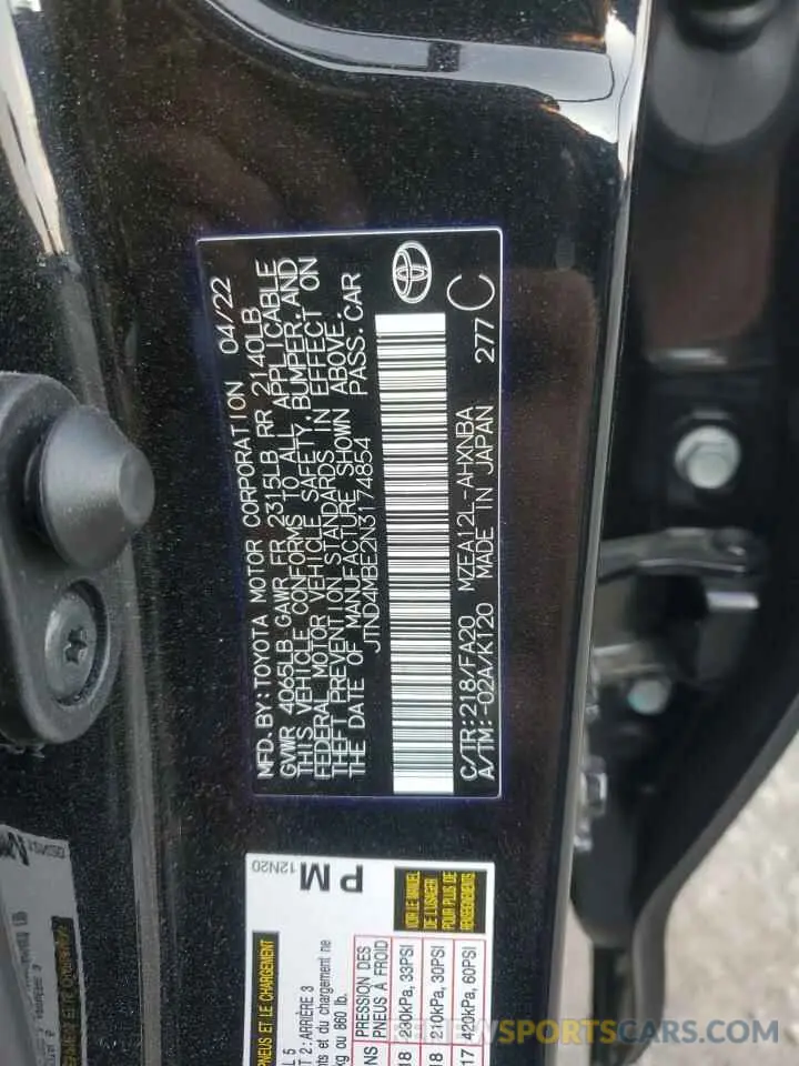 12 Фотография поврежденного автомобиля JTND4MBE2N3174854 TOYOTA COROLLA 2022