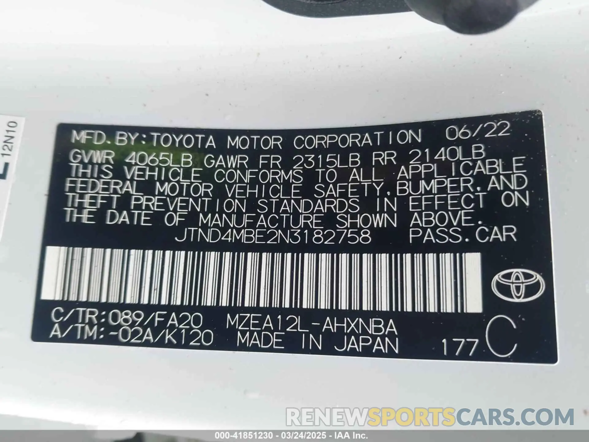 9 Photograph of a damaged car JTND4MBE2N3182758 TOYOTA COROLLA 2022