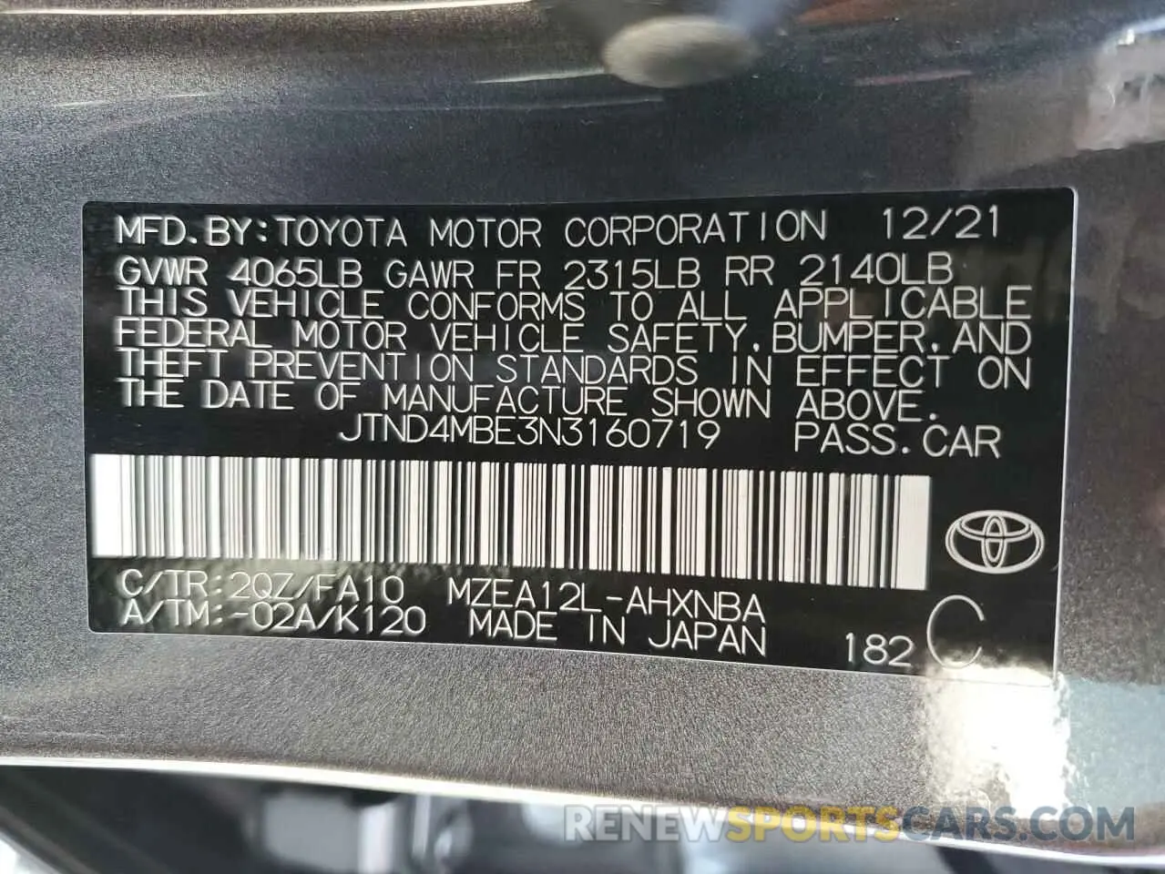12 Photograph of a damaged car JTND4MBE3N3160719 TOYOTA COROLLA 2022