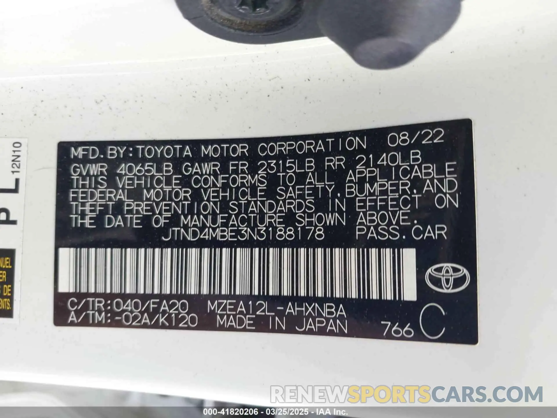 9 Photograph of a damaged car JTND4MBE3N3188178 TOYOTA COROLLA 2022