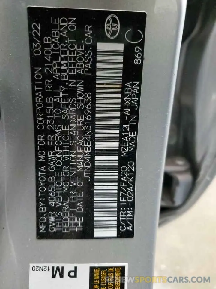 14 Фотография поврежденного автомобиля JTND4MBE4N3169638 TOYOTA COROLLA 2022