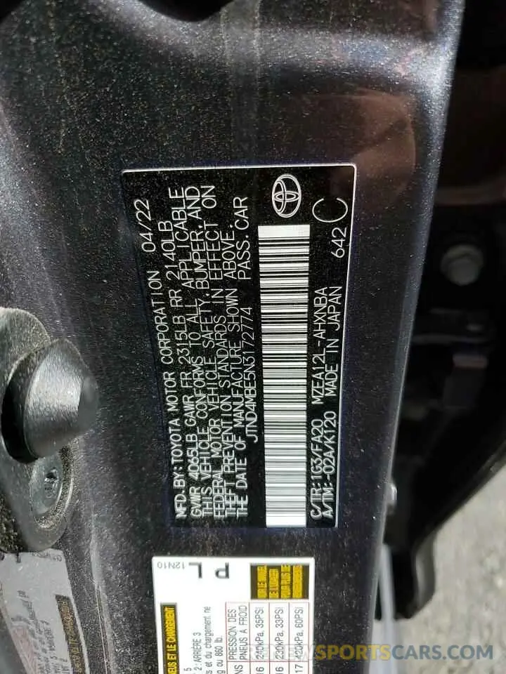 12 Фотография поврежденного автомобиля JTND4MBE5N3172774 TOYOTA COROLLA 2022