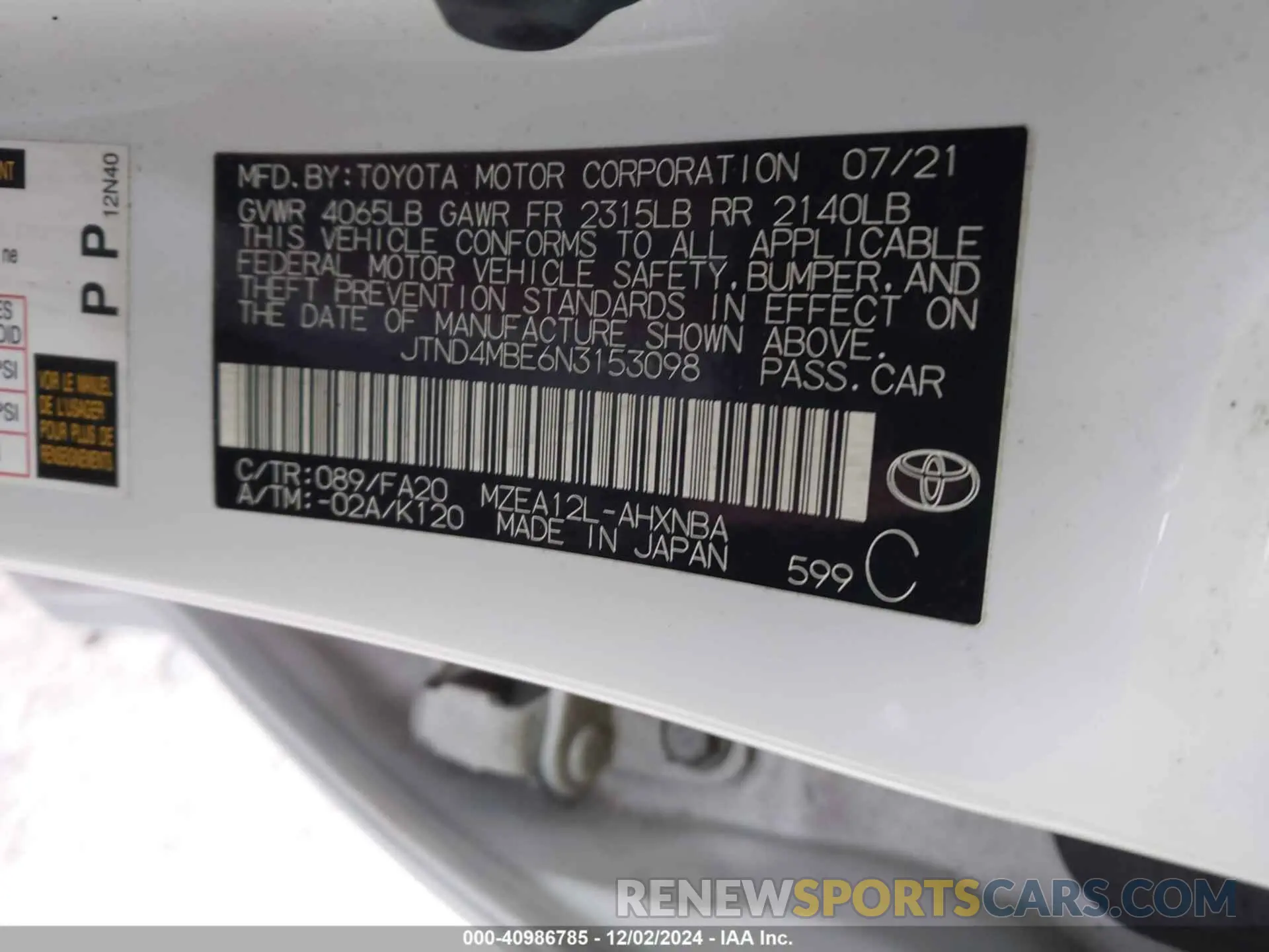 9 Photograph of a damaged car JTND4MBE6N3153098 TOYOTA COROLLA 2022