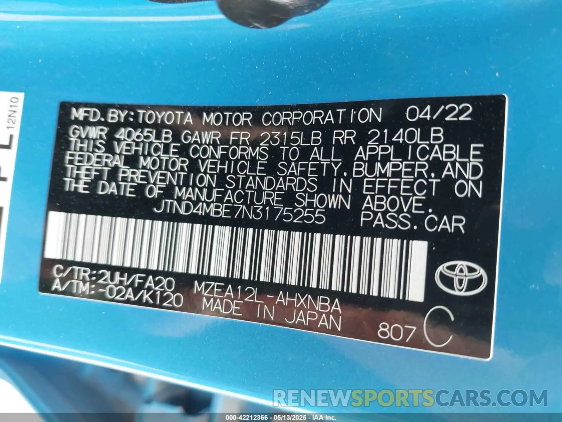 9 Photograph of a damaged car JTND4MBE7N3175255 TOYOTA COROLLA 2022