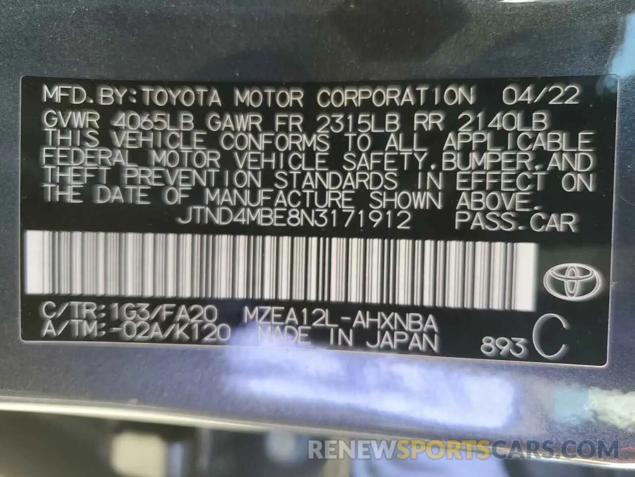 12 Photograph of a damaged car JTND4MBE8N3171912 TOYOTA COROLLA 2022