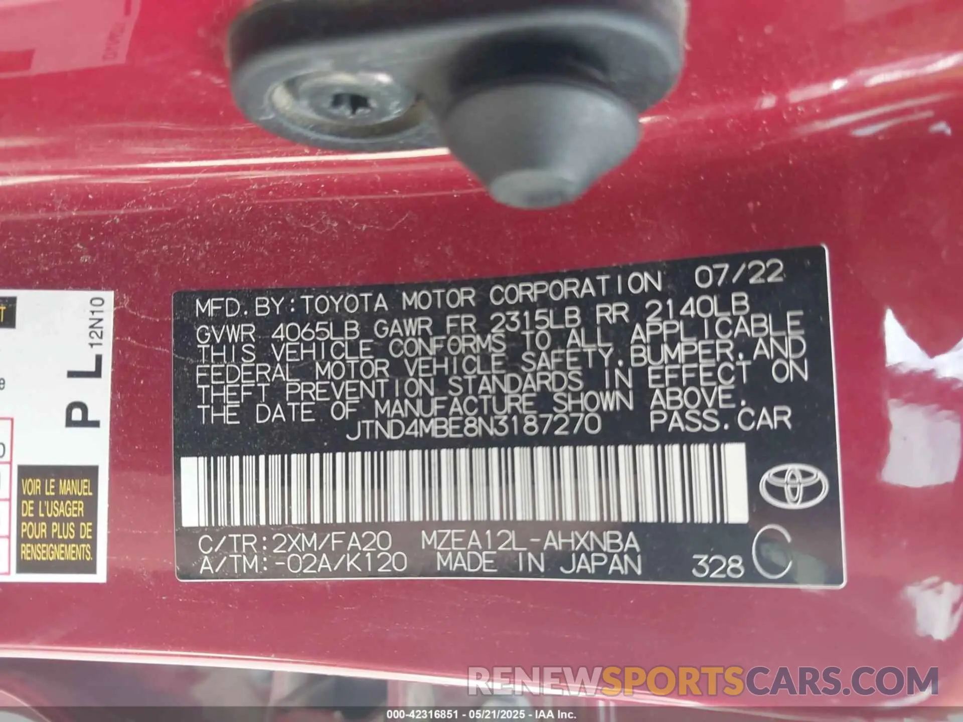9 Photograph of a damaged car JTND4MBE8N3187270 TOYOTA COROLLA 2022