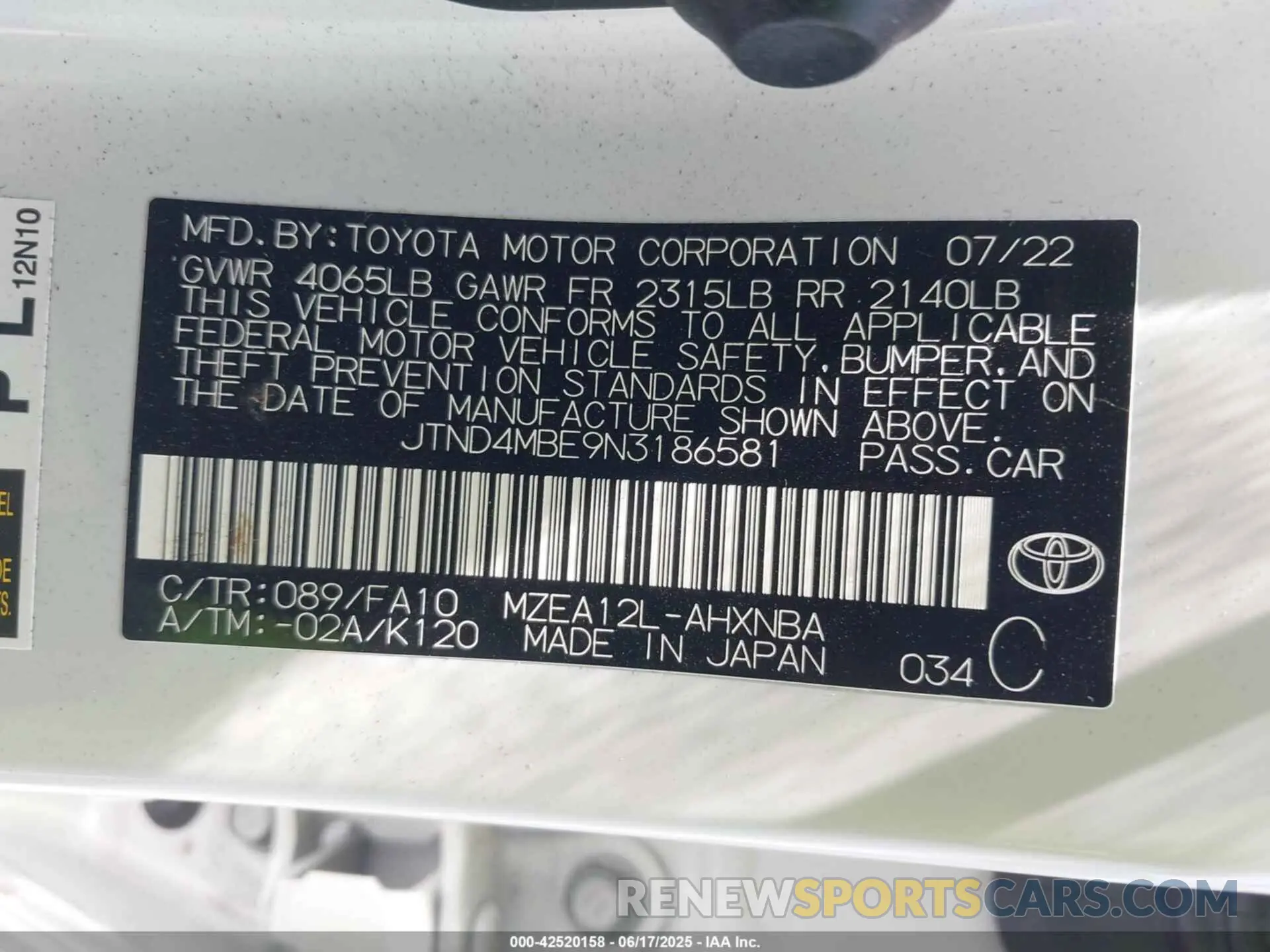 9 Photograph of a damaged car JTND4MBE9N3186581 TOYOTA COROLLA 2022
