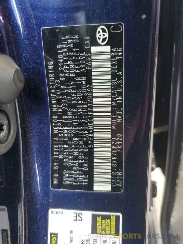 12 Фотография поврежденного автомобиля 5YFB4MDE4PP029897 TOYOTA COROLLA 2023