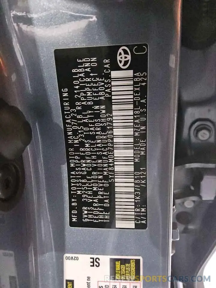 12 Фотография поврежденного автомобиля 5YFB4MDE7PP061792 TOYOTA COROLLA 2023