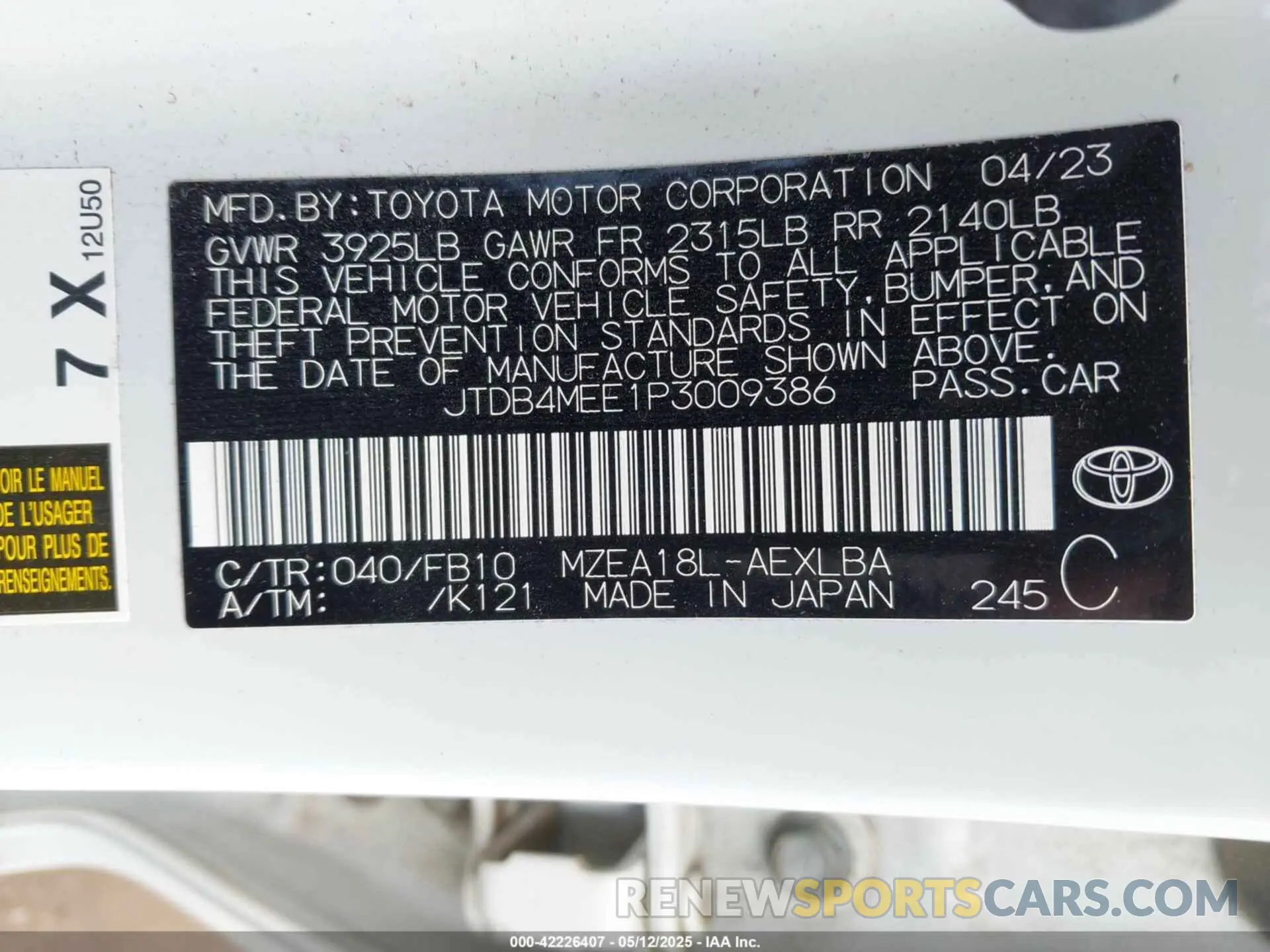 9 Фотография поврежденного автомобиля JTDB4MEE1P3009386 TOYOTA COROLLA 2023