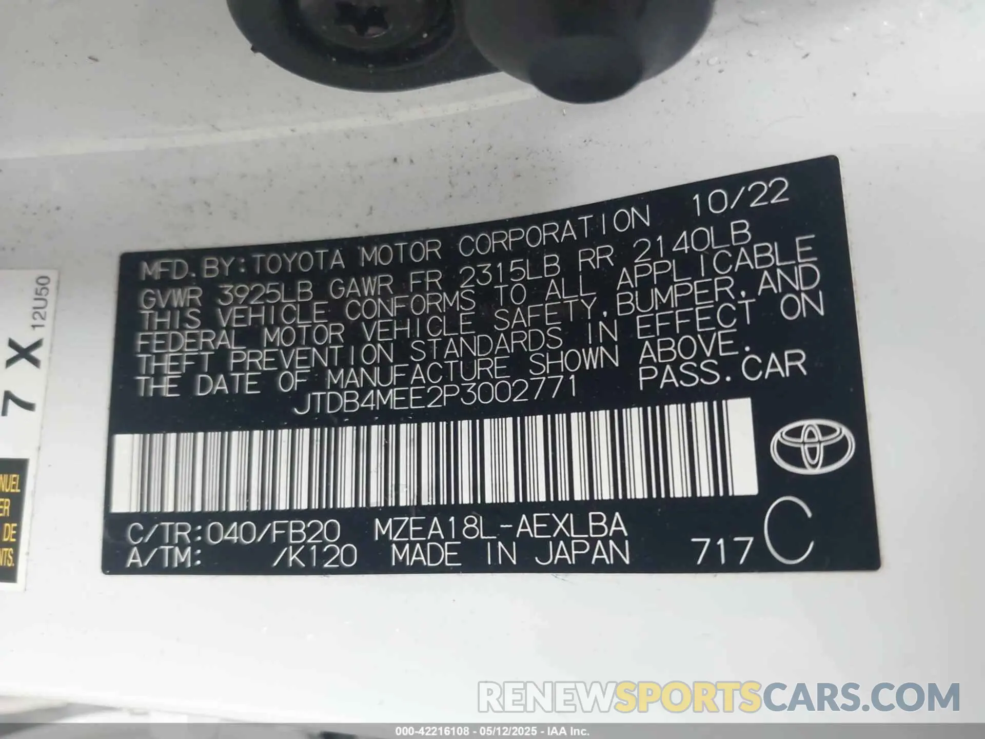 9 Фотография поврежденного автомобиля JTDB4MEE2P3002771 TOYOTA COROLLA 2023