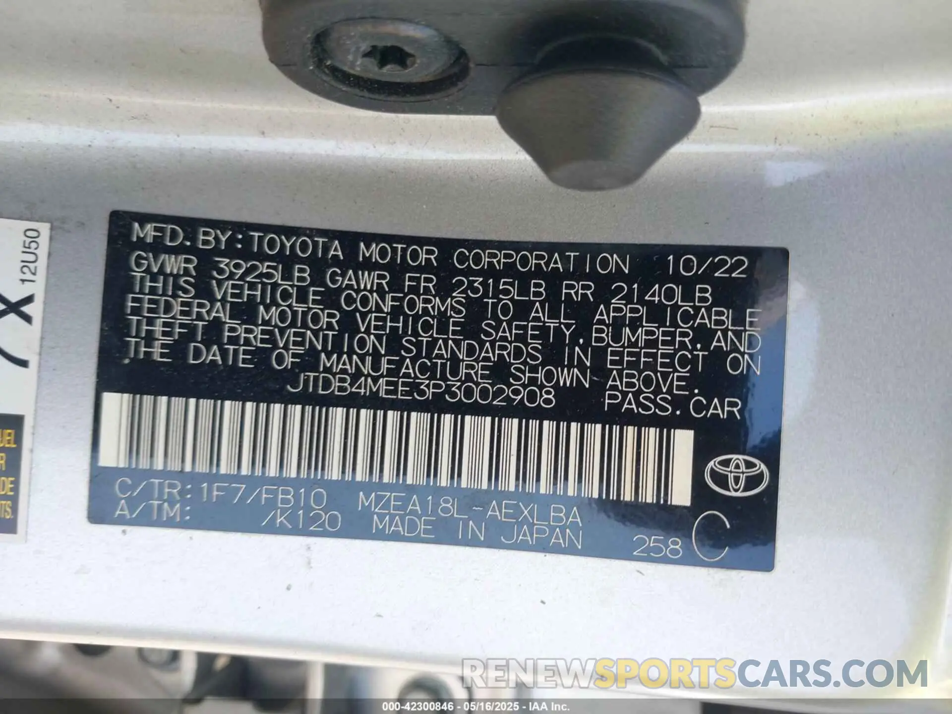 9 Фотография поврежденного автомобиля JTDB4MEE3P3002908 TOYOTA COROLLA 2023