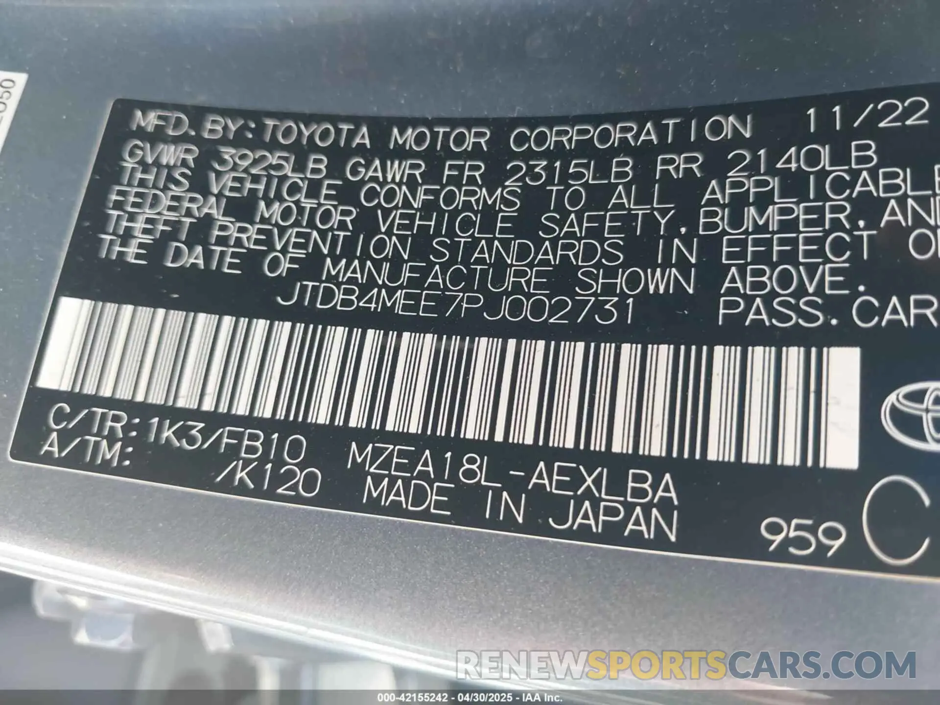 9 Photograph of a damaged car JTDB4MEE7PJ002731 TOYOTA COROLLA 2023