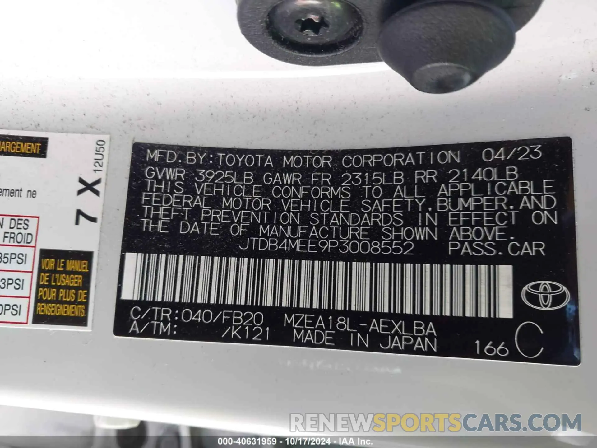 9 Photograph of a damaged car JTDB4MEE9P3008552 TOYOTA COROLLA 2023