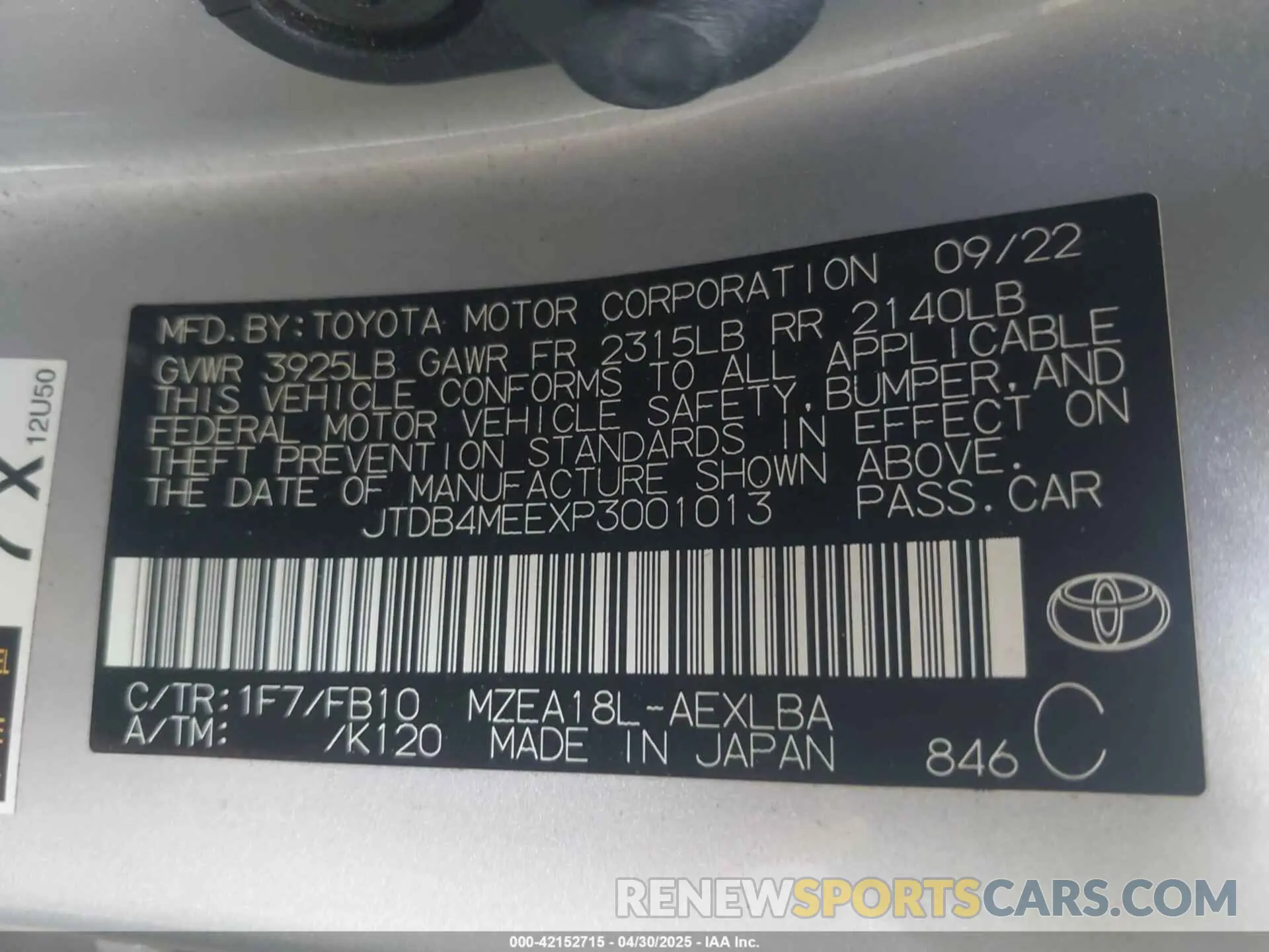 9 Фотография поврежденного автомобиля JTDB4MEEXP3001013 TOYOTA COROLLA 2023